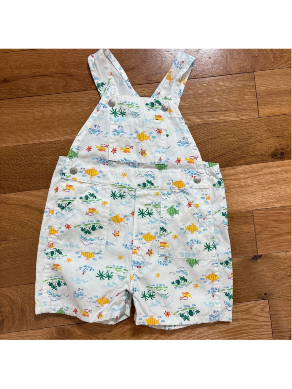 VTG Y2K Baby Gap Overalls 12-18 Months White Blue Fish Print